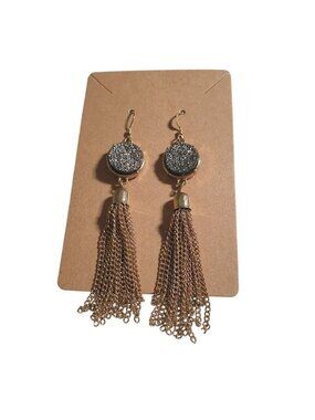 Gold Tone Drusy Chain Tassel Dangle Earrings Lightweight Hook Jewelry Women Gift